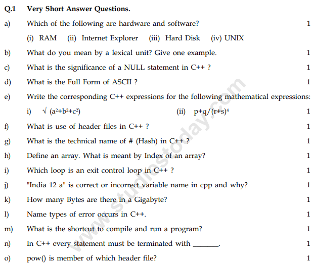 computer science question paper class 11